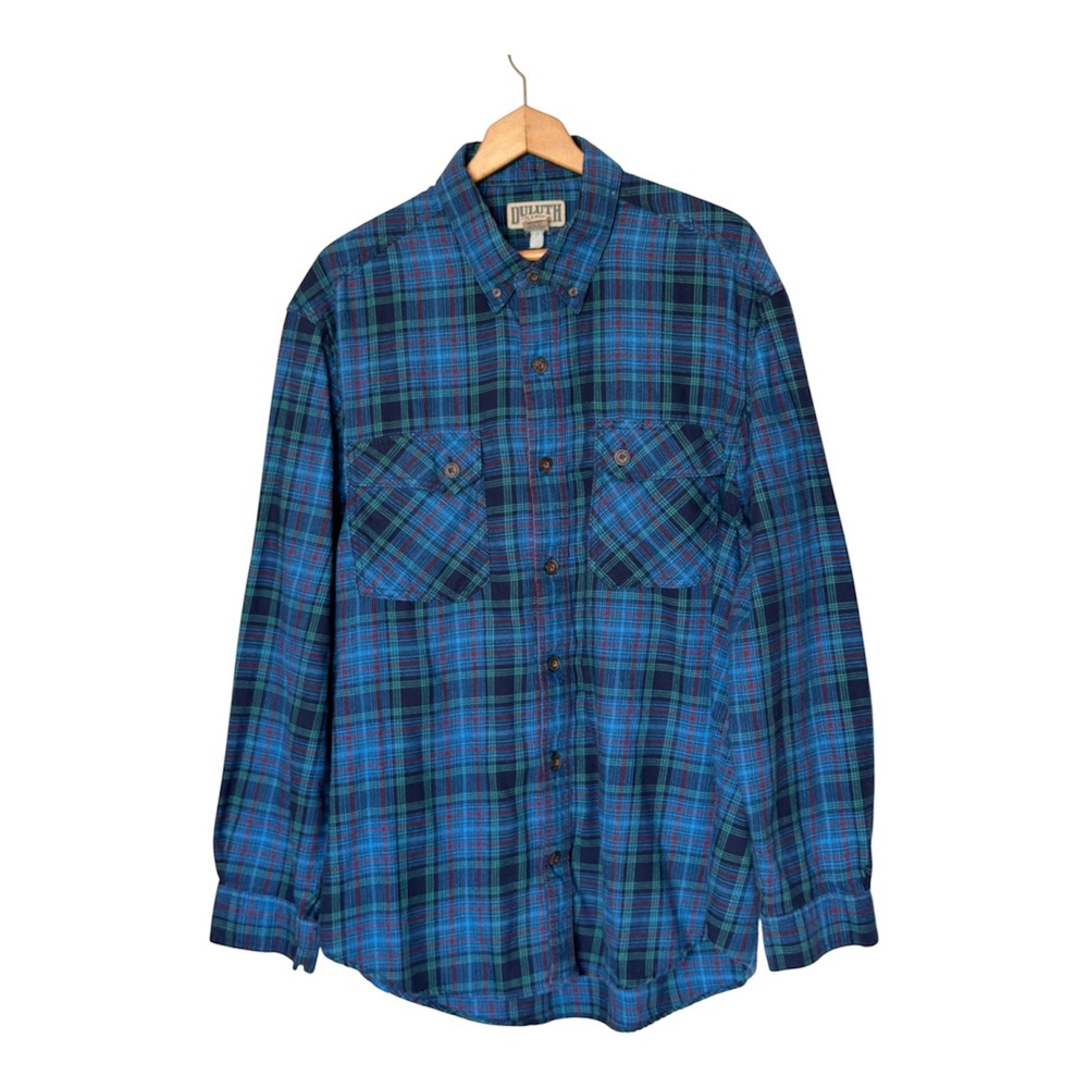 Duluth Trading Co Plaid Shirt Mens XL Blue Green Long Sleeve Button‎ Down Pocket